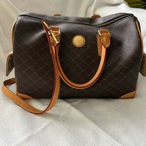 Rioni Dark Brown Patterned Satchel with Tan Trim